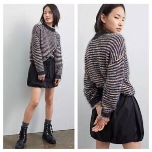 Anthropologie Raga Confetti Stripe Sweater Size XS Black Multicolor Crewneck